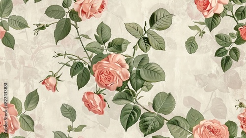 a vintage wallpaper pattern with pink roses and green leaves on light grey background,