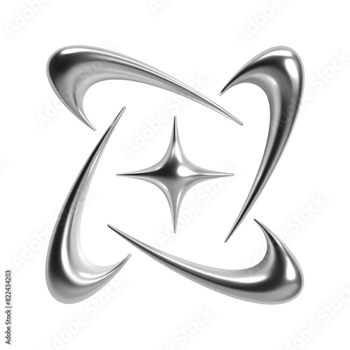 3D Y2K chrome abstract shape with star and curved spikes, spark or flash, shiny metallic glossy silver surface. Isolated vector element for retro futuristic design, cyber space, galaxy aesthetic
