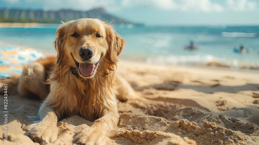 An illustration of a Golden Retriever looking into the camera on the beach, copy space for text An illustration of a Golden Retriever looking into the camera on the beach, copy space for text