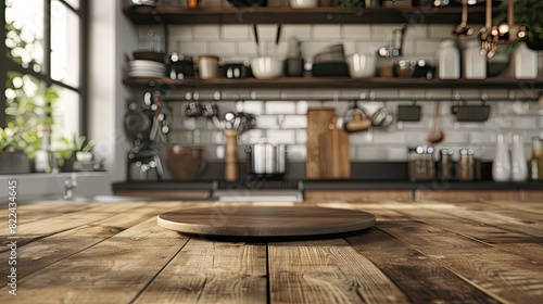 Empty beautiful wood tabletop counter on interior in clean and bright kitchen background