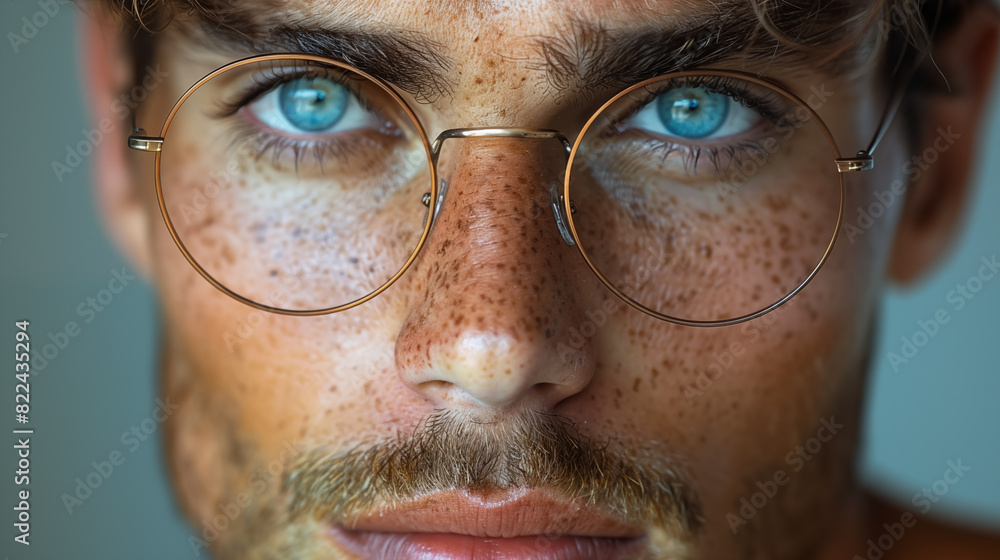 Closeup of the face, blue eyes, mustache and glasses of an attractive man with freckles Closeup of the face, blue eyes, mustache and glasses of an attractive man with freckles
