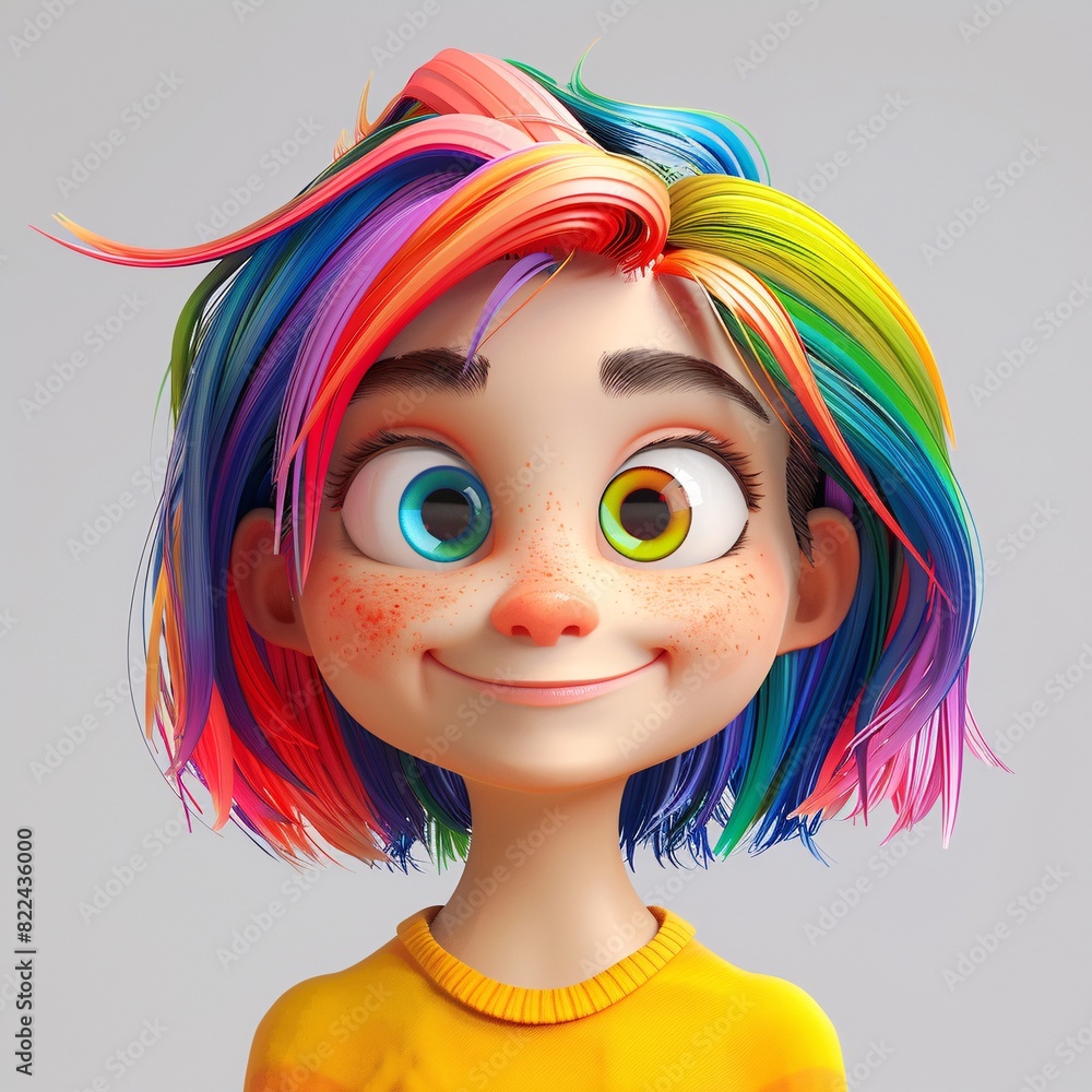 Fototapeta premium 3D female character with rainbow streaks in her hair, smiling brightly