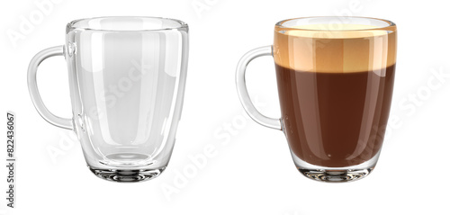Realistic glass mugs set of transparent empty mug and cappuccino coffee mug. 3d illustration isolated on white