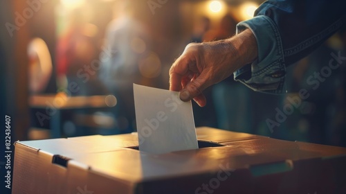 Hand drops ballot into ballot box on election day photo