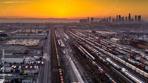 4K Ultra HD Image: Aerial Shot of Intermodal Train and Trucking Distribution Yard in Vernon, California