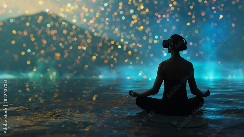 A virtual reality meditation experience with soothing visuals of virtual particles floating and changing shape.