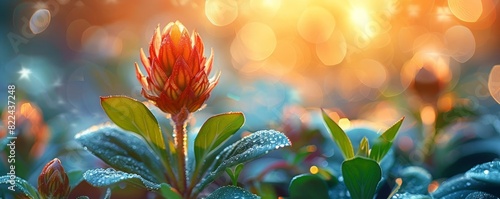 Close-up of budding flower, vibrant defocused background, room for text, highlighting growth and natural beauty. photo