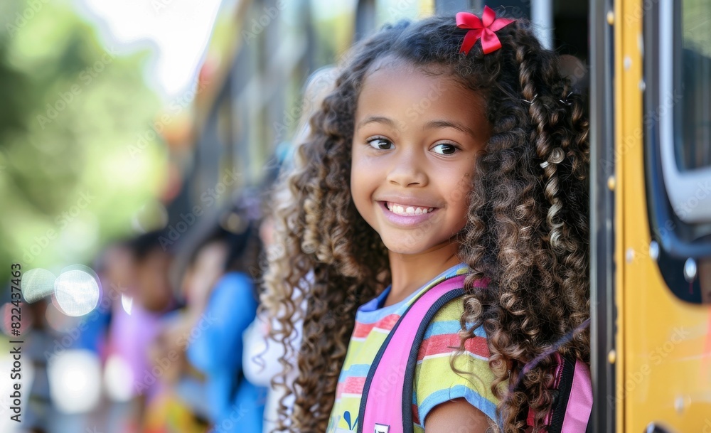 Smiling multiethnic girl with curly hair by school bus, showcasing joy and excitement for a new school day Smiling multiethnic girl with curly hair by school bus, showcasing joy and excitement for a new school day