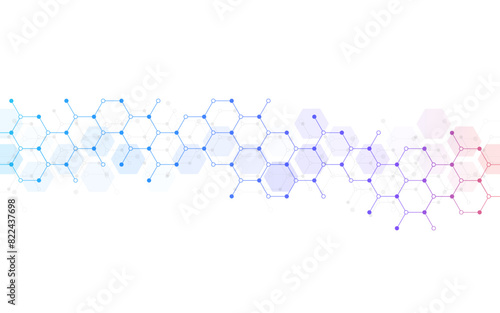 Hexagons pattern on gray background. Genetic research, molecular structure. Chemical engineering. Concept of innovation technology. Used for design healthcare, science and medicine background