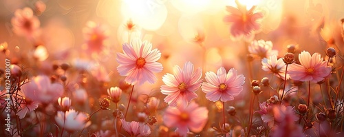 Golden sunlight through wildflowers  soft-focus backdrop  text space  capturing nature s warmth and beauty.
