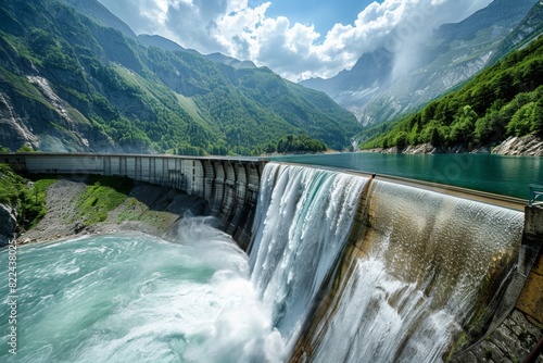 Hydroelectric Dam with Water Cascading Down - Mountainous Landscape photo