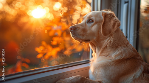 A golden retriever dog sitting at the window, gazing out at autumn foliage as the sun sets in the background. The warm hues of orange and red light up her fur while she watches the scenery with sparkl photo