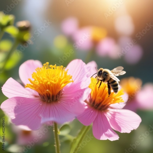 A bee pollinating flower and collecting nectar