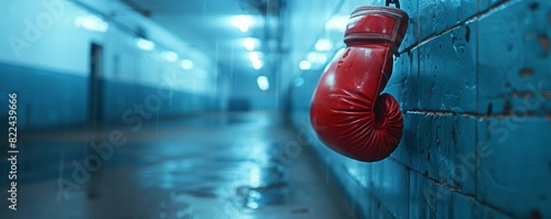 A red boxing glove suspended on a plain wall photo