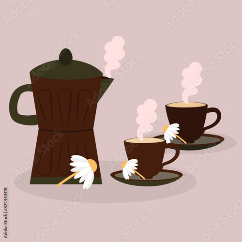 Flat Design Illustration with Pot and Two Cups of Daisy Tea Taste