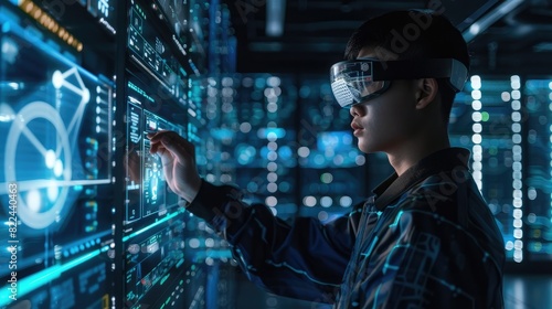 A young Asian male engineer wearing smart glasses interacts with a holographic digital interface 