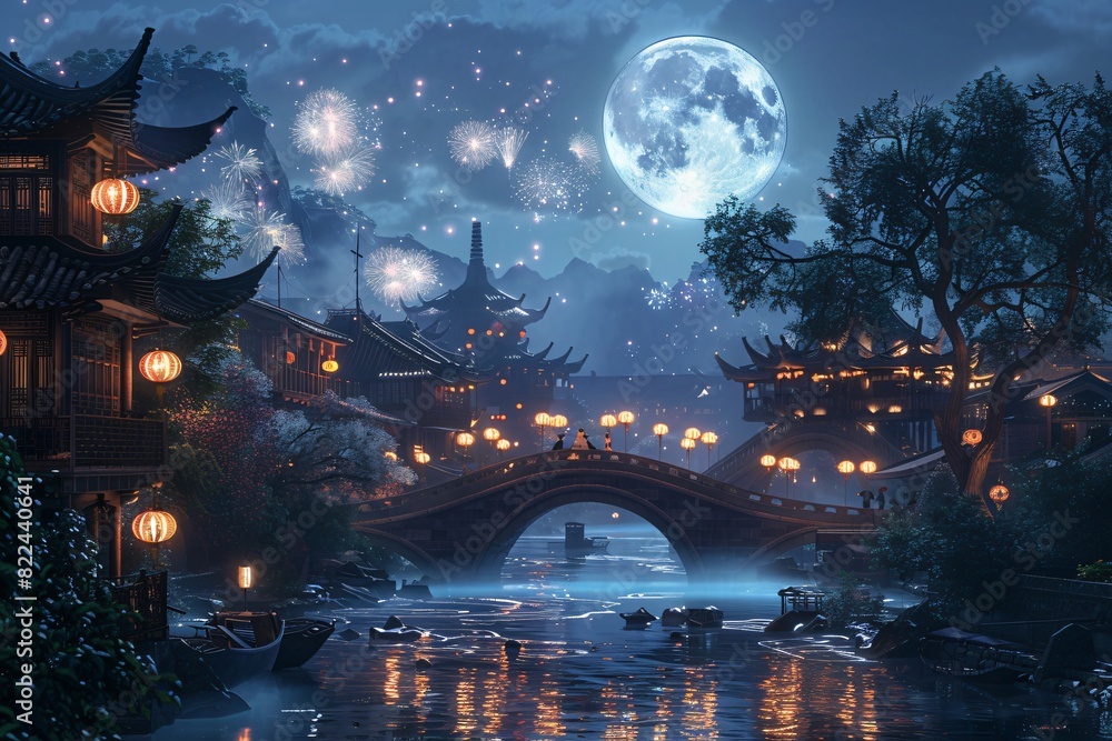 Chinese Ancient Architecture under the Moon at Night, Wallpaper, Festival Concept