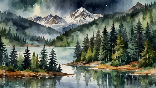 Fototapeta Naklejka Na Ścianę i Meble -   snow-capped mountains in the distance, and green trees on the shores of the lake