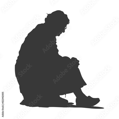 Silhouette sad elderly woman sitting alone depressed sitting black color only