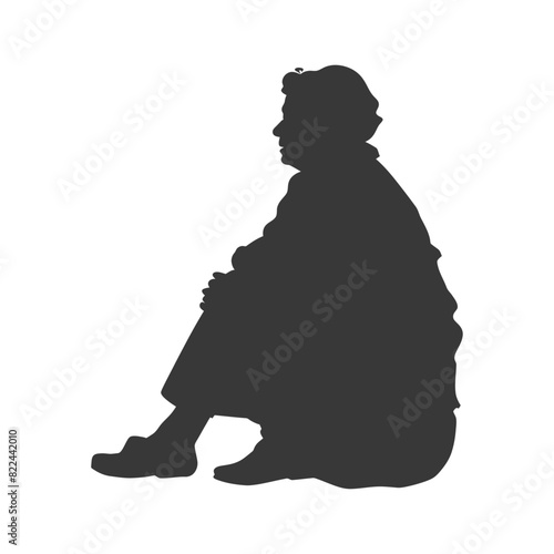 Silhouette sad elderly woman sitting alone depressed sitting black color only