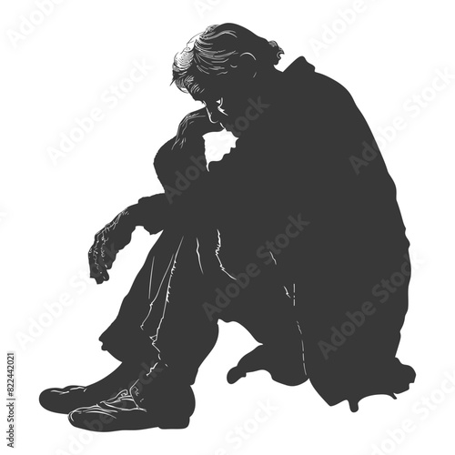Silhouette sad elderly woman sitting alone depressed sitting black color only