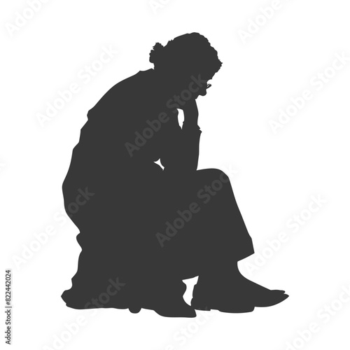 Silhouette sad elderly woman sitting alone depressed sitting black color only