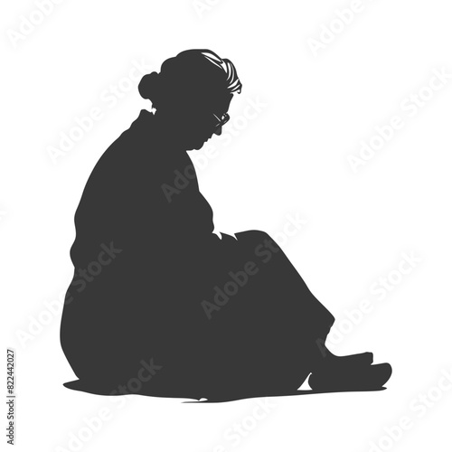 Silhouette sad elderly woman sitting alone depressed sitting black color only