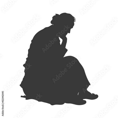 Silhouette sad elderly woman sitting alone depressed sitting black color only