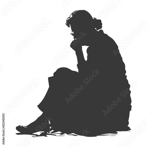 Silhouette sad elderly woman sitting alone depressed sitting black color only