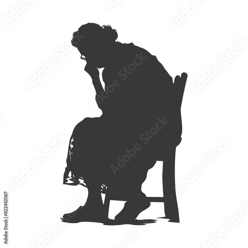 Silhouette sad elderly woman sitting alone depressed sitting black color only