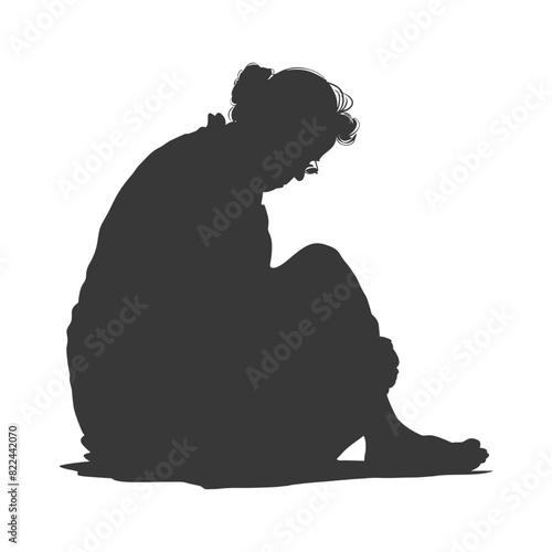 Silhouette sad elderly woman sitting alone depressed sitting black color only