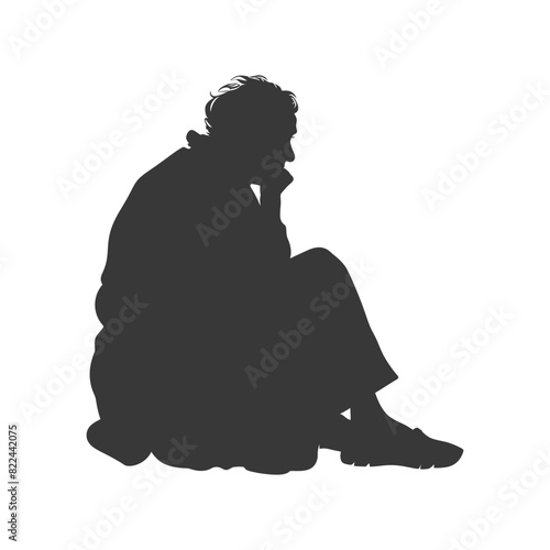 Silhouette sad elderly woman sitting alone depressed sitting black color only