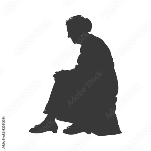 Silhouette sad elderly woman sitting alone depressed sitting black color only