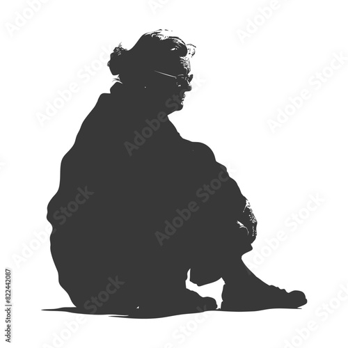 Silhouette sad elderly woman sitting alone depressed sitting black color only