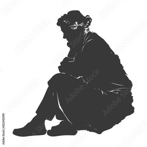 Silhouette sad elderly woman sitting alone depressed sitting black color only