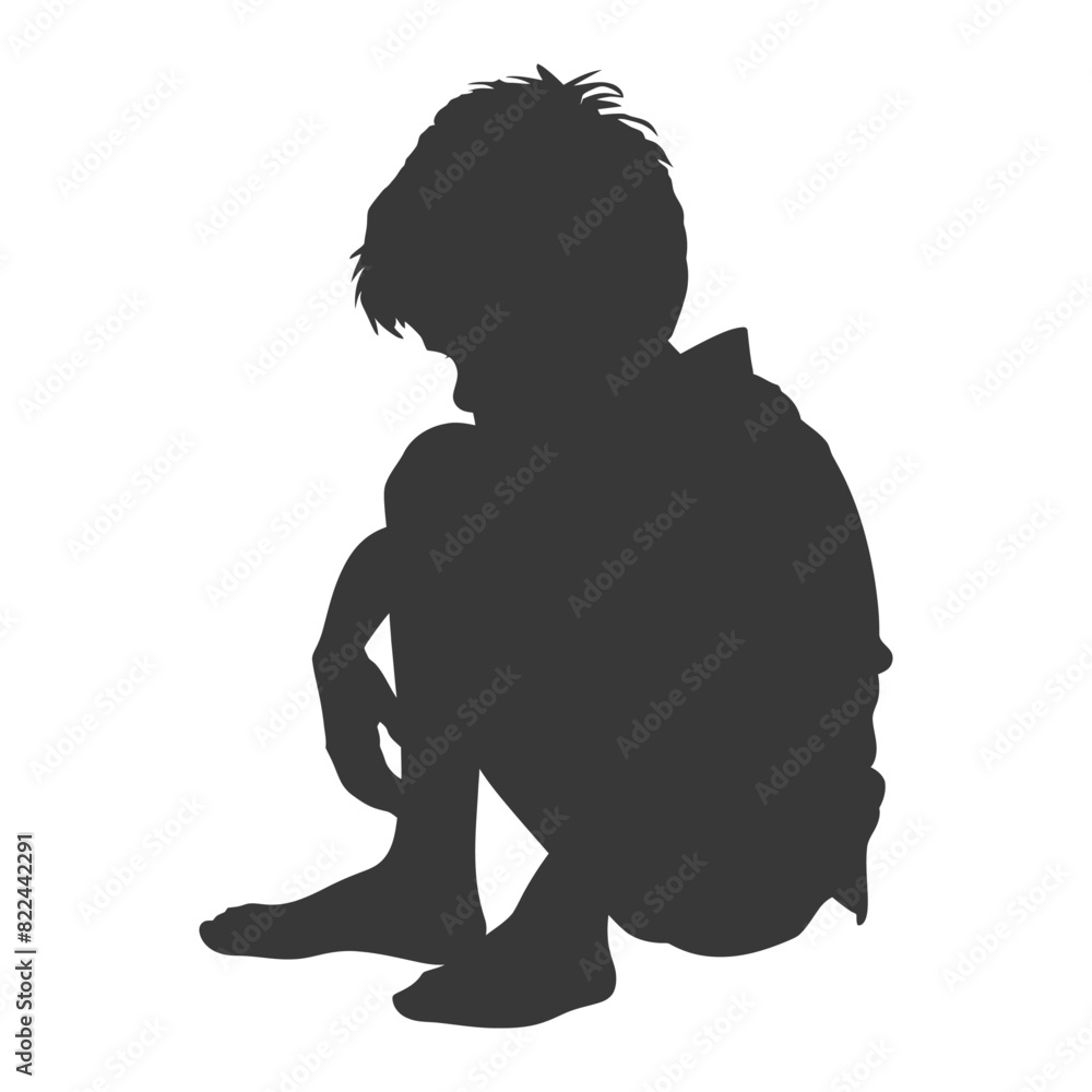 Silhouette sad little boy sitting alone depressed sitting black color only Silhouette sad little boy sitting alone depressed sitting black color only