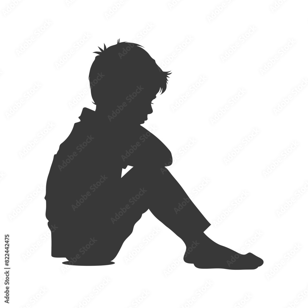 Silhouette sad little boy sitting alone depressed sitting black color only