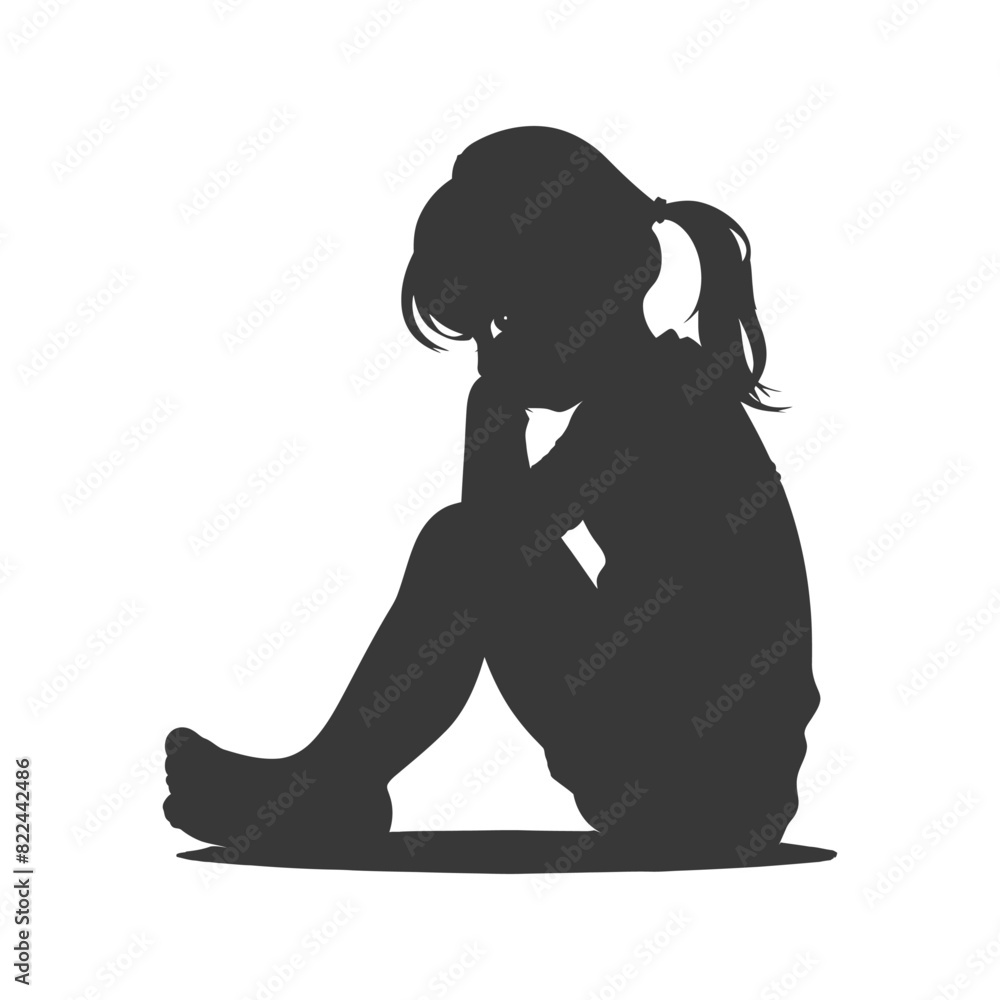 Silhouette sad little girl sitting alone depressed sitting black color only Silhouette sad little girl sitting alone depressed sitting black color only