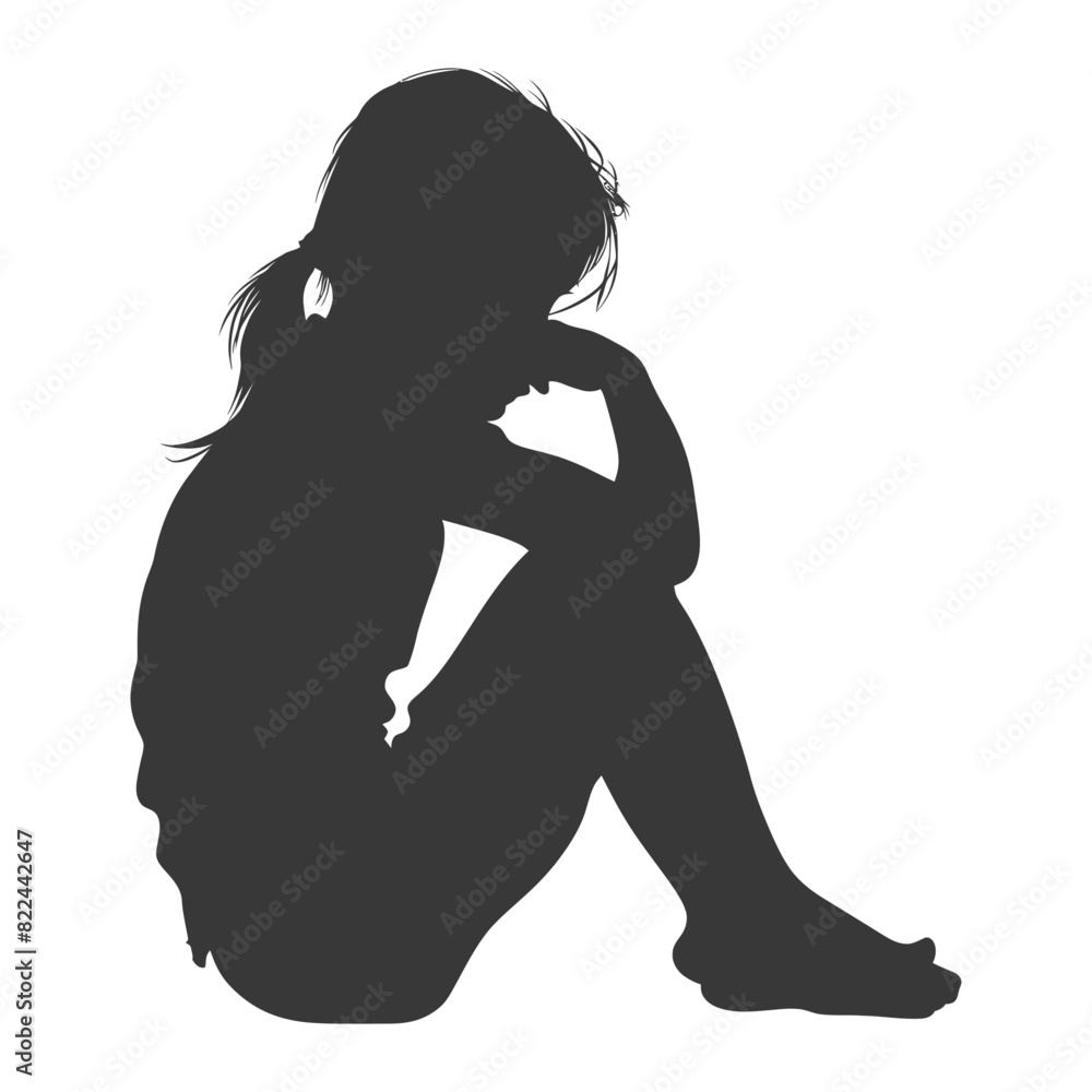 Silhouette sad little girl sitting alone depressed sitting black color only Silhouette sad little girl sitting alone depressed sitting black color only