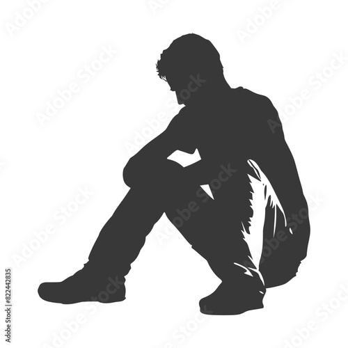 Silhouette sad man sitting alone depressed sitting black color only