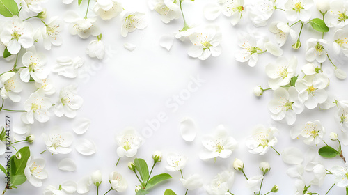 frame workspace with green leaves and narcissus of chamomiles  chrysanthemum isolated on white background. lay flat An arrangement of promising petals frames a clean white space