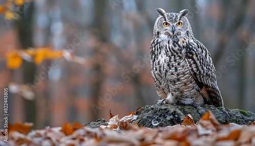 Eurasian Eagle Owl (Bubo bubo) sitting on a rock in the autumn forest
