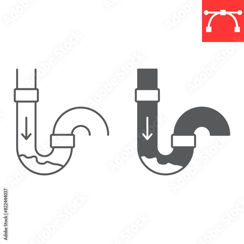Drain cleaning line and glyph icon, plumbing service and household repair, clogged pipe vector icon, vector graphics, editable stroke outline sign, eps 10.
