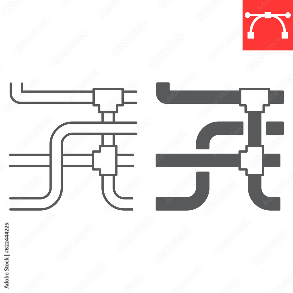 Pipe installation line and glyph icon, plumbing service and construction, pipeline vector icon, vector graphics, editable stroke outline sign, eps 10.