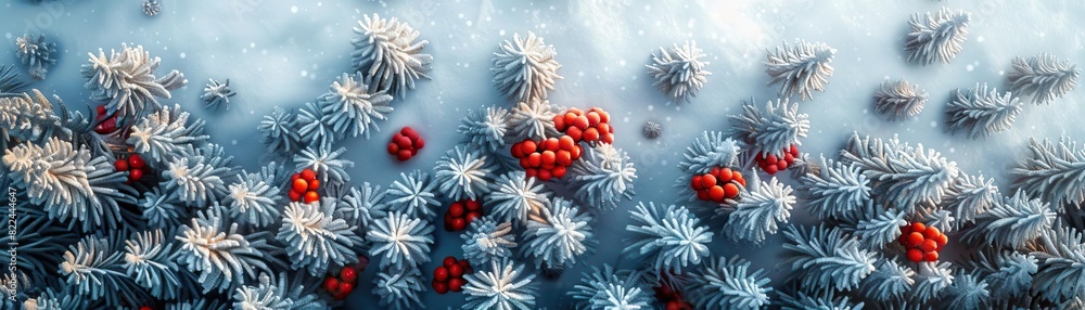 An elegant aerial view of a forest scene, fir branches with red balls captured from above, the snow creating a serene, textured background, ample space for text. An elegant aerial view of a forest scene, fir branches with red balls captured from above, the snow creating a serene, textured background, ample space for text.
