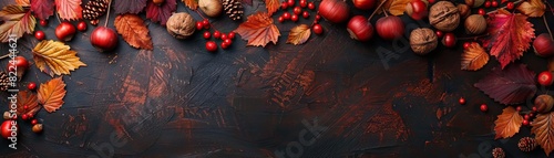 An elegant aerial view of a corner border with rustic fall elements like birch leaves and hazelnuts  presented on a dark mahogany table  the background softly fading  ample space f