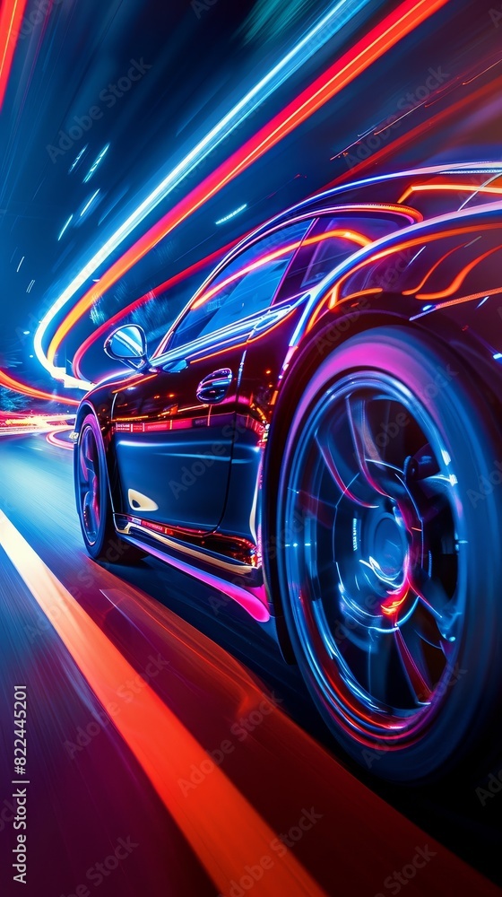 A car speeding through a city at night with colorful light trails creating a motion blur effect.