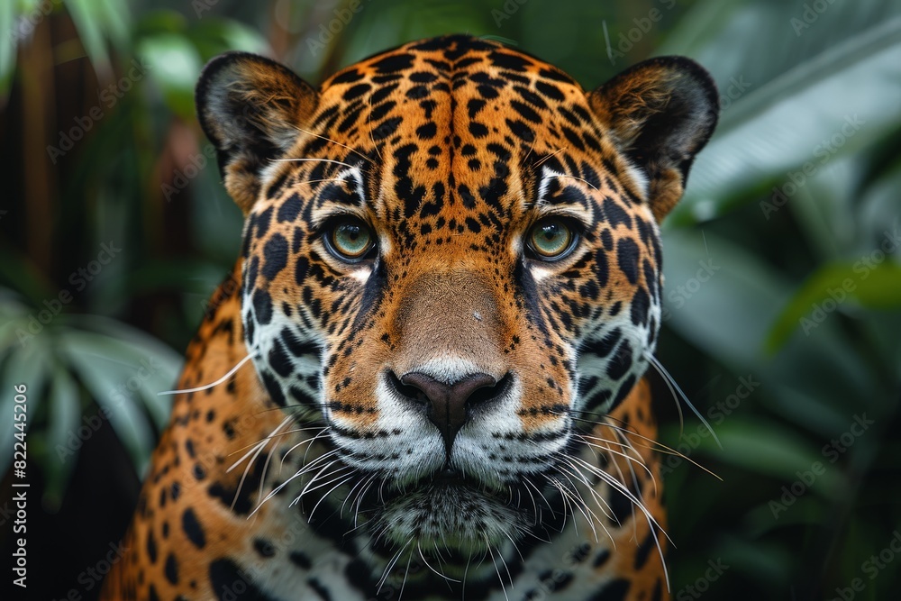 Fototapeta premium Striking image of a jaguar with spots staring directly at the camera against a lush green rainforest background