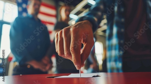 Shallow depth of field (selective focus) image with the hand of a person voting in the US presidential elections