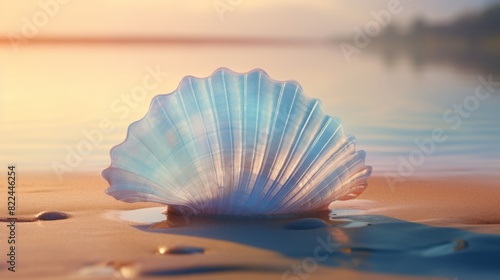 A beautifully detailed shell sits on the sandy beach at sunset  with soft light reflecting off the water creating a serene and tranquil scene.